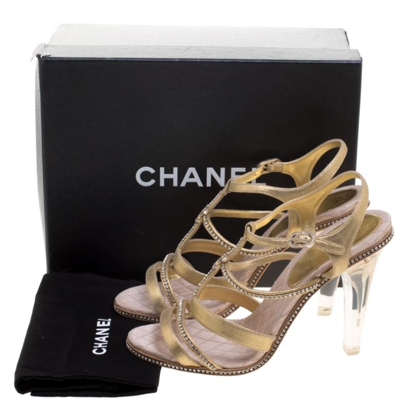 Chanel Metallic Gold CC Crystal Suede Lucite Heel Strappy Sandals Size 41 4