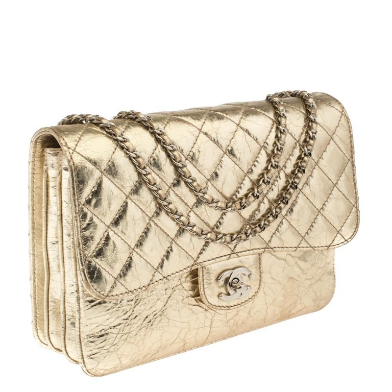 Chanel Metallic Gold Crackled Leather Medium Clam's Pocket Flap Bag For ...