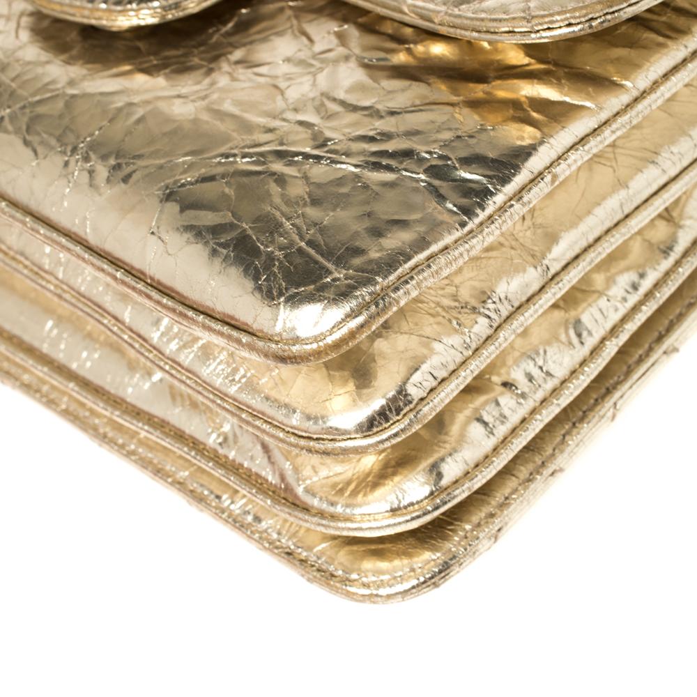 Women's Chanel Metallic Gold Crackled Leather Medium Clam's Pocket Flap Bag