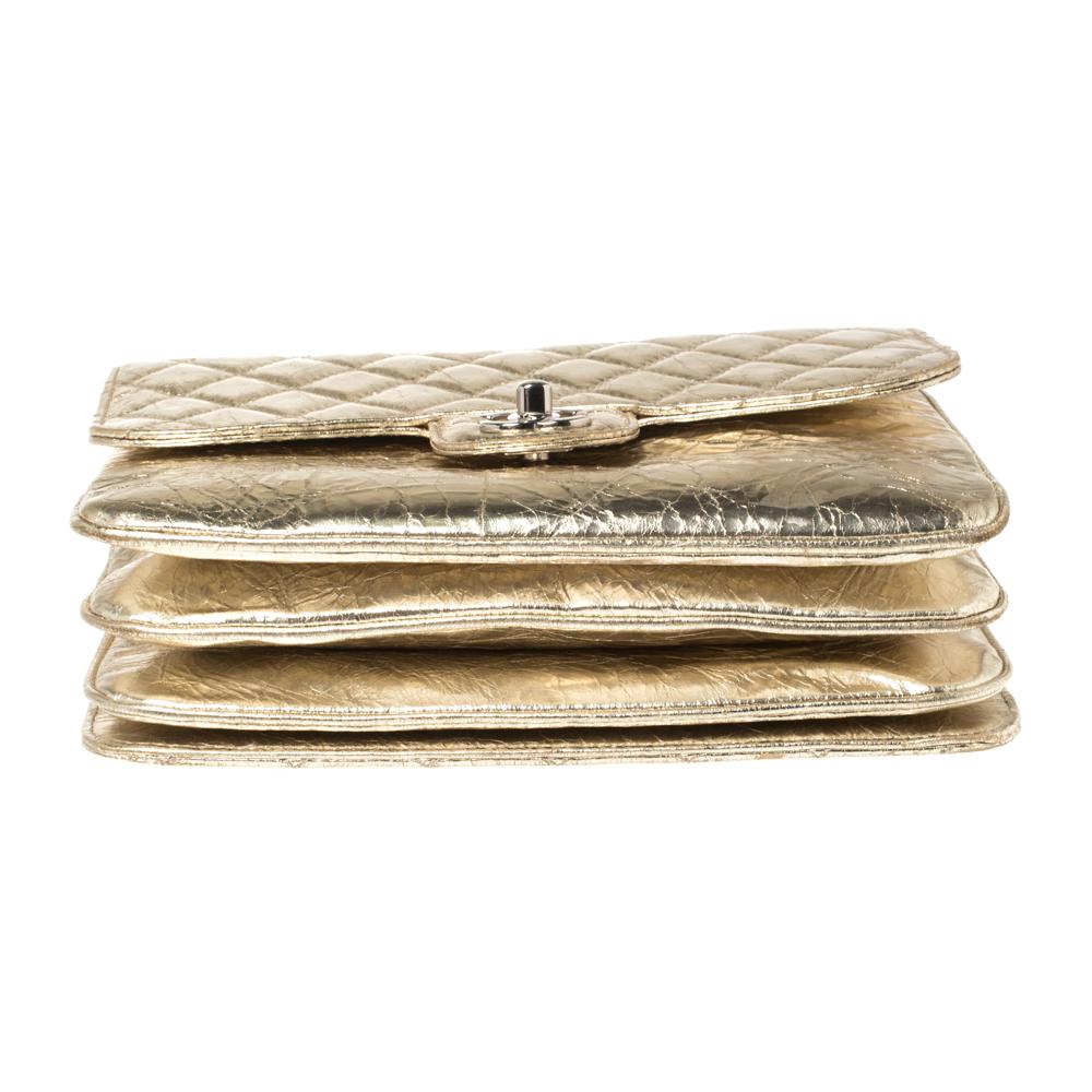 Chanel Metallic Gold Crackled Leather Medium Clam's Pocket Flap Bag 1