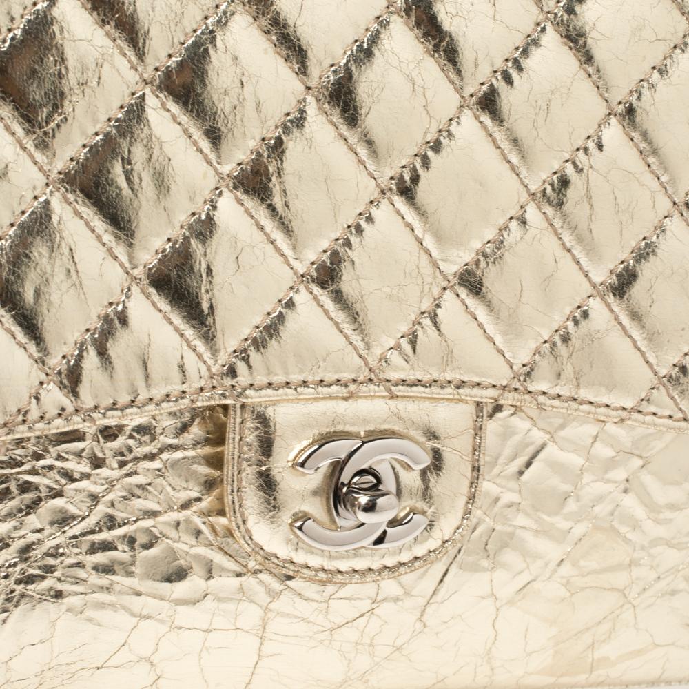 Chanel Metallic Gold Crackled Leather Medium Clam's Pocket Flap Bag 1