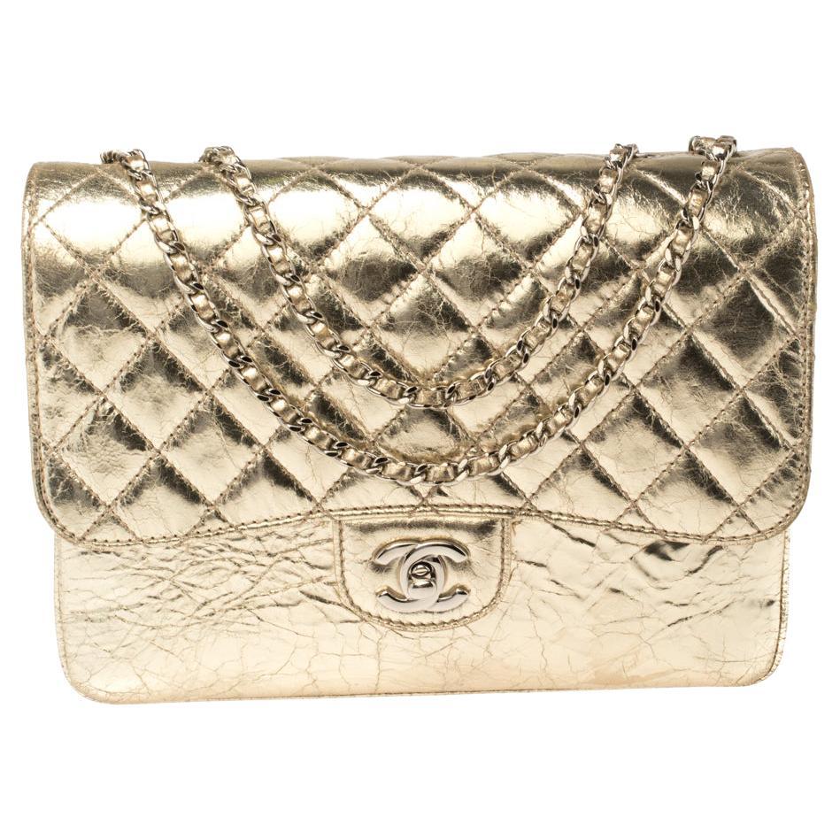 Chanel Metallic Gold Crackled Leather Medium Clam's Pocket Flap Bag