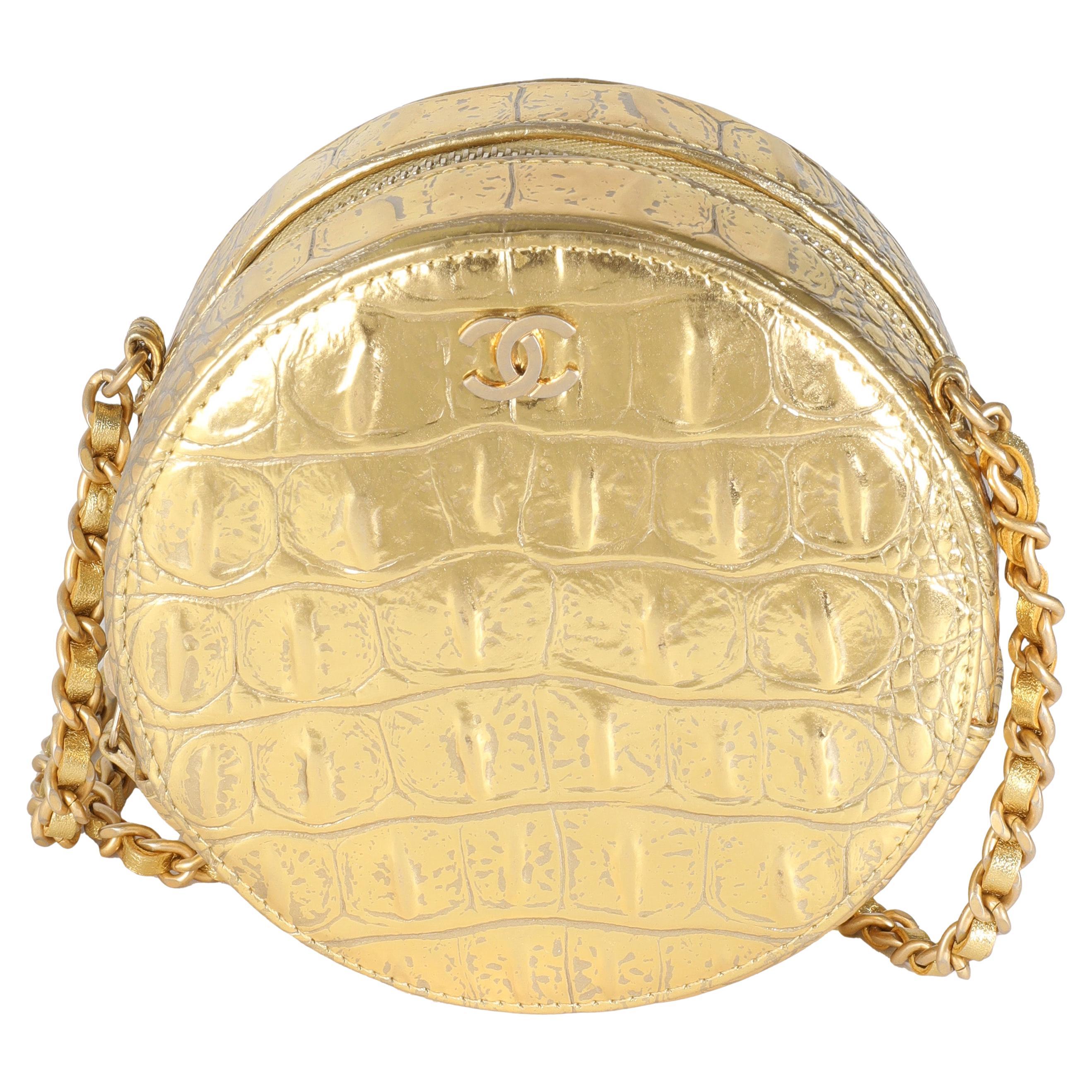 Chanel Metallic Gold Croc Embossed Calfskin Round Clutch On Chain