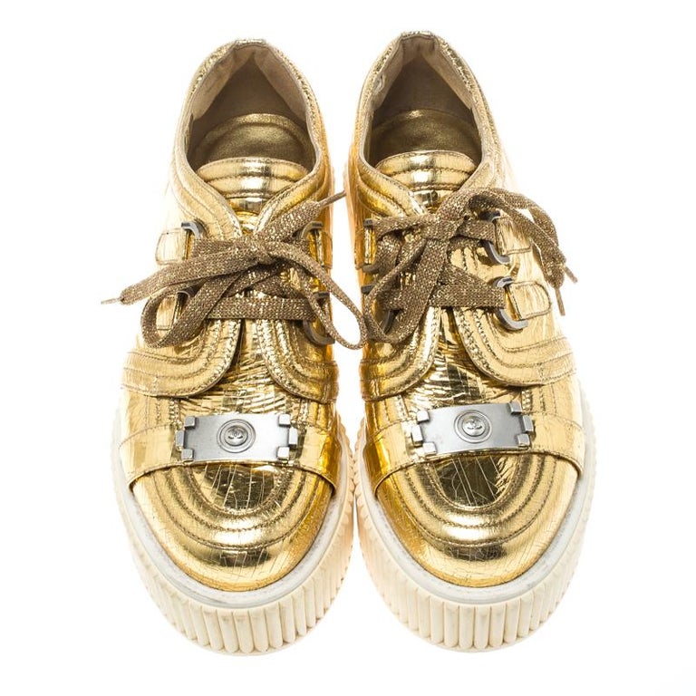 Chanel Metallic Gold Distressed Foil Leather Creepers Platform Sneakers ...