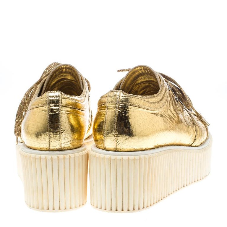 Chanel Metallic Gold Distressed Foil Leather Creepers Platform Sneakers ...