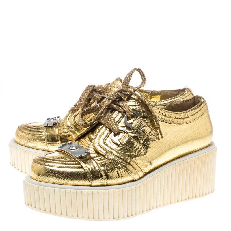 Women's Chanel Metallic Gold Distressed Foil Leather Creepers Platform Sneakers Size 39.