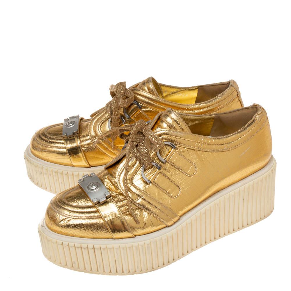 Women's Chanel Metallic Gold Distressed Foil Leather Creepers Platform Sneakers Size 40