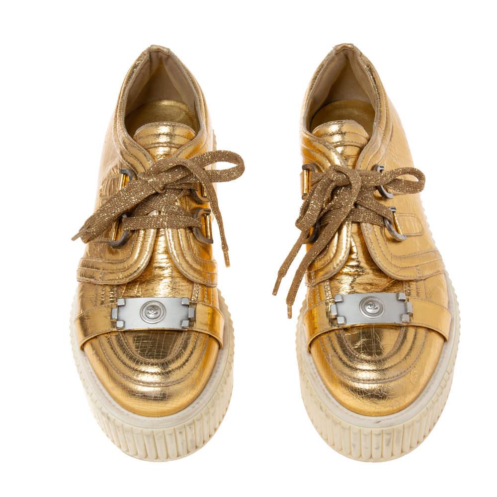 Chanel Metallic Gold Distressed Foil Leather Creepers Platform Sneakers Size 40 1