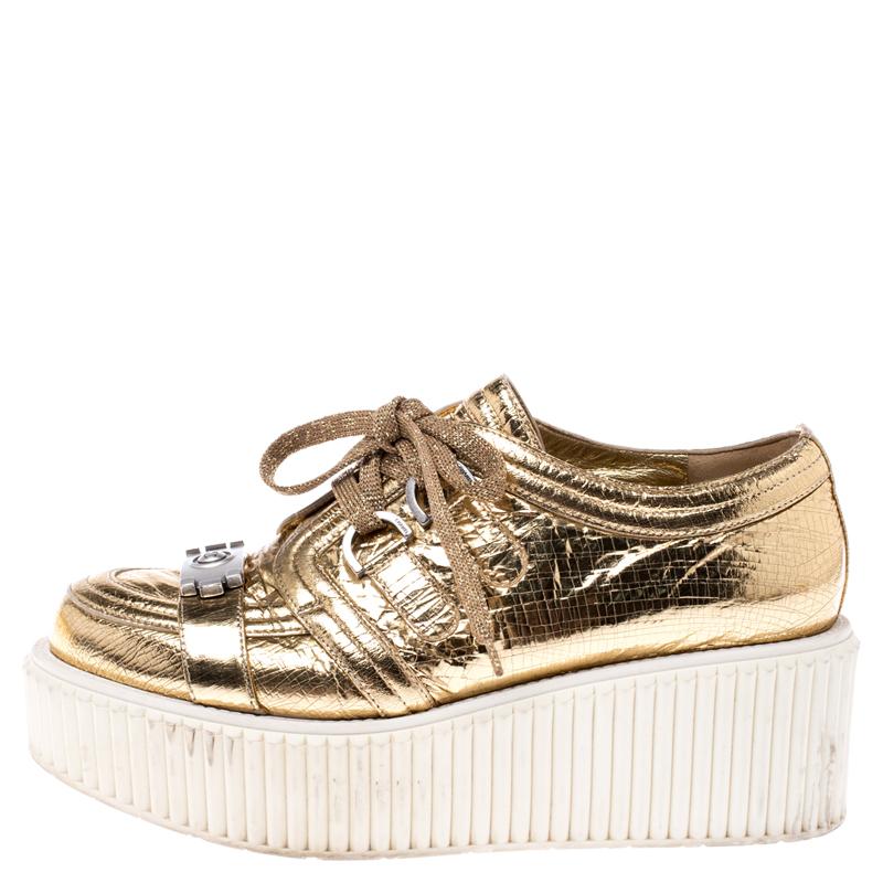 Chanel Metallic Gold Foil Leather Creepers Platform Sneakers Size 38 ...