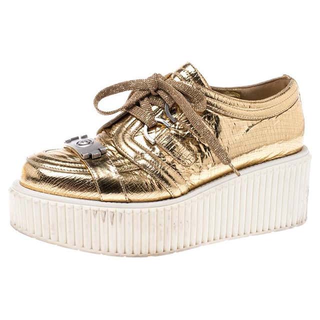 Chanel Metallic Gold Foil Leather Creepers Platform Sneakers Size 38 ...
