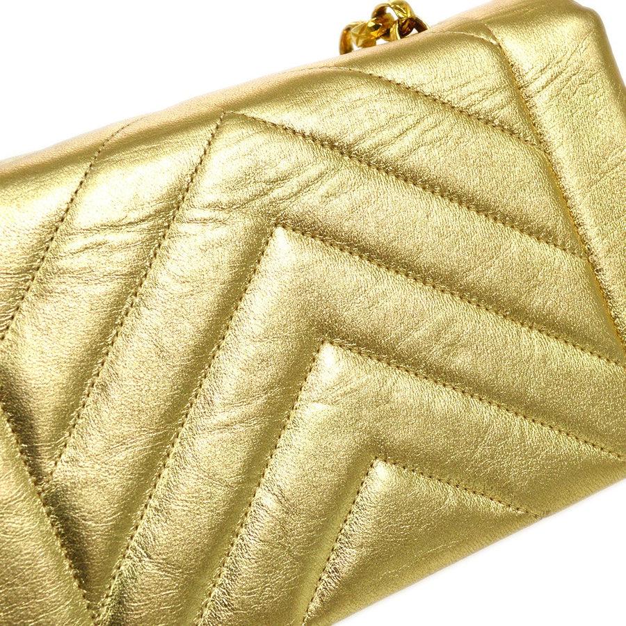 Women's CHANEL Metallic Gold Lambskin Leather Chevron Faux Pearl Small Shoulder Bag