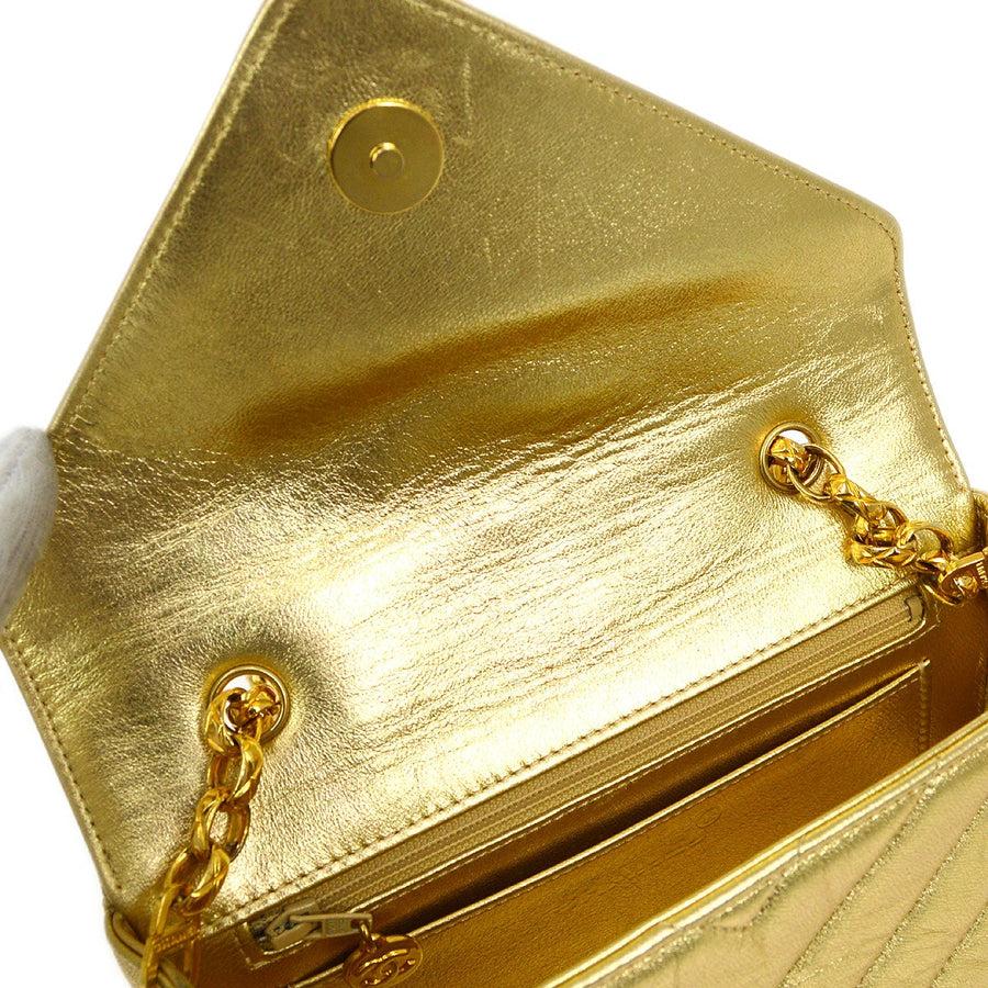 CHANEL Metallic Gold Lambskin Leather Chevron Faux Pearl Small Shoulder Bag 1