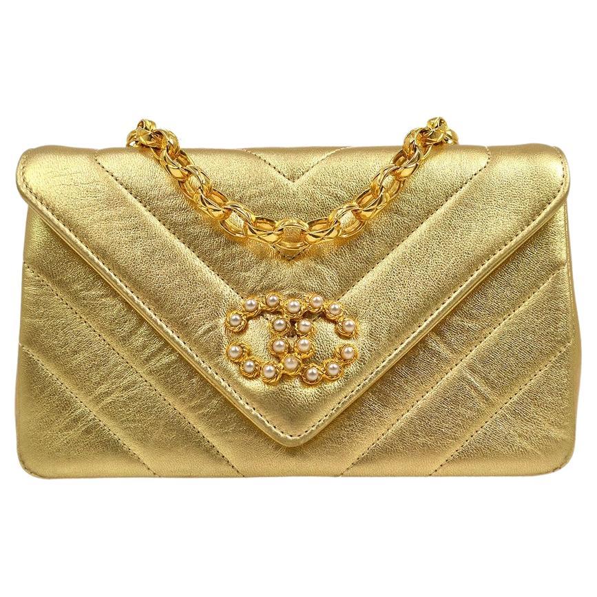 CHANEL Metallic Gold Lambskin Leather Chevron Faux Pearl Small Shoulder Bag