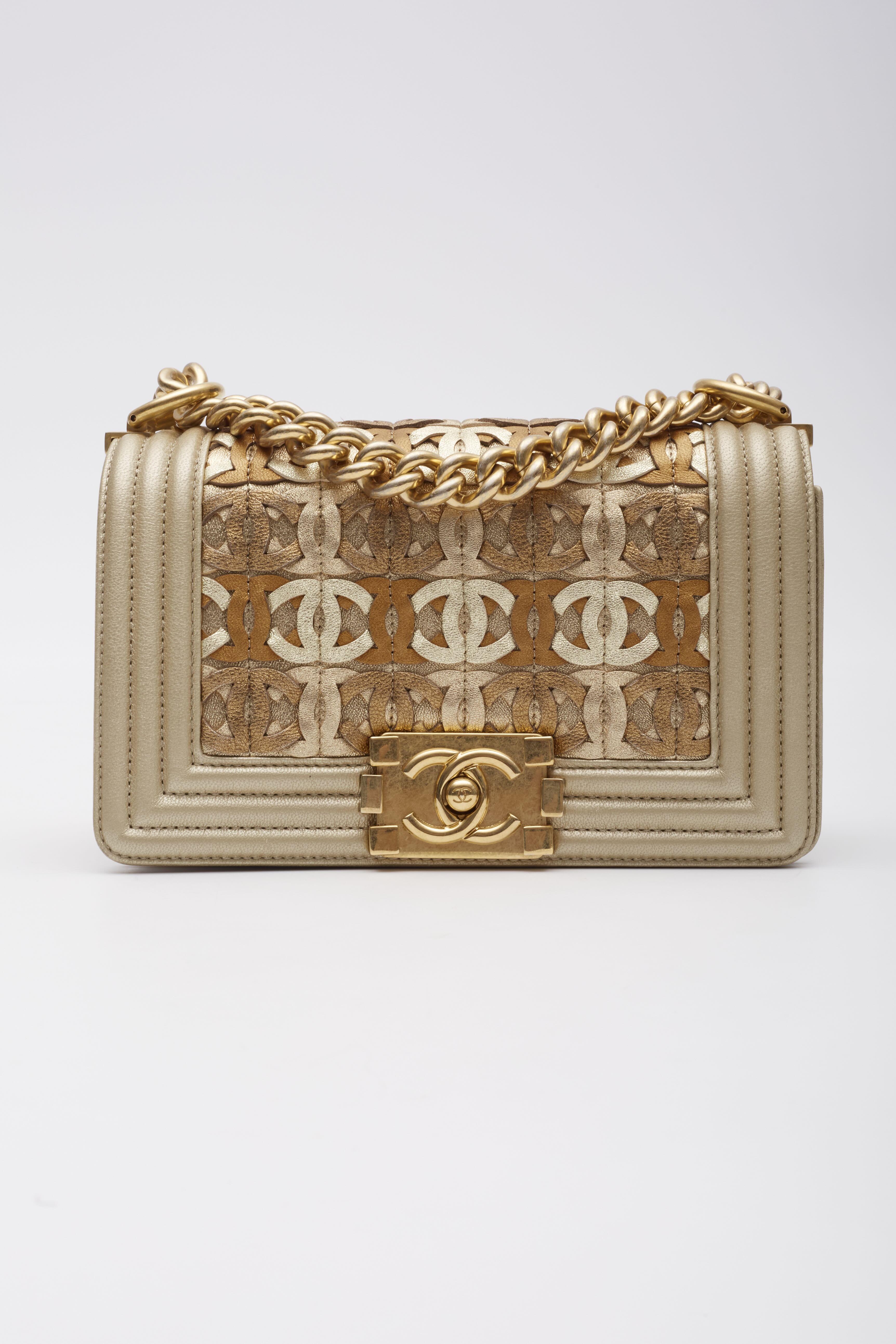 Brown Chanel Metallic Gold Lambskin Small Golden CC Boy Flap Bag For Sale