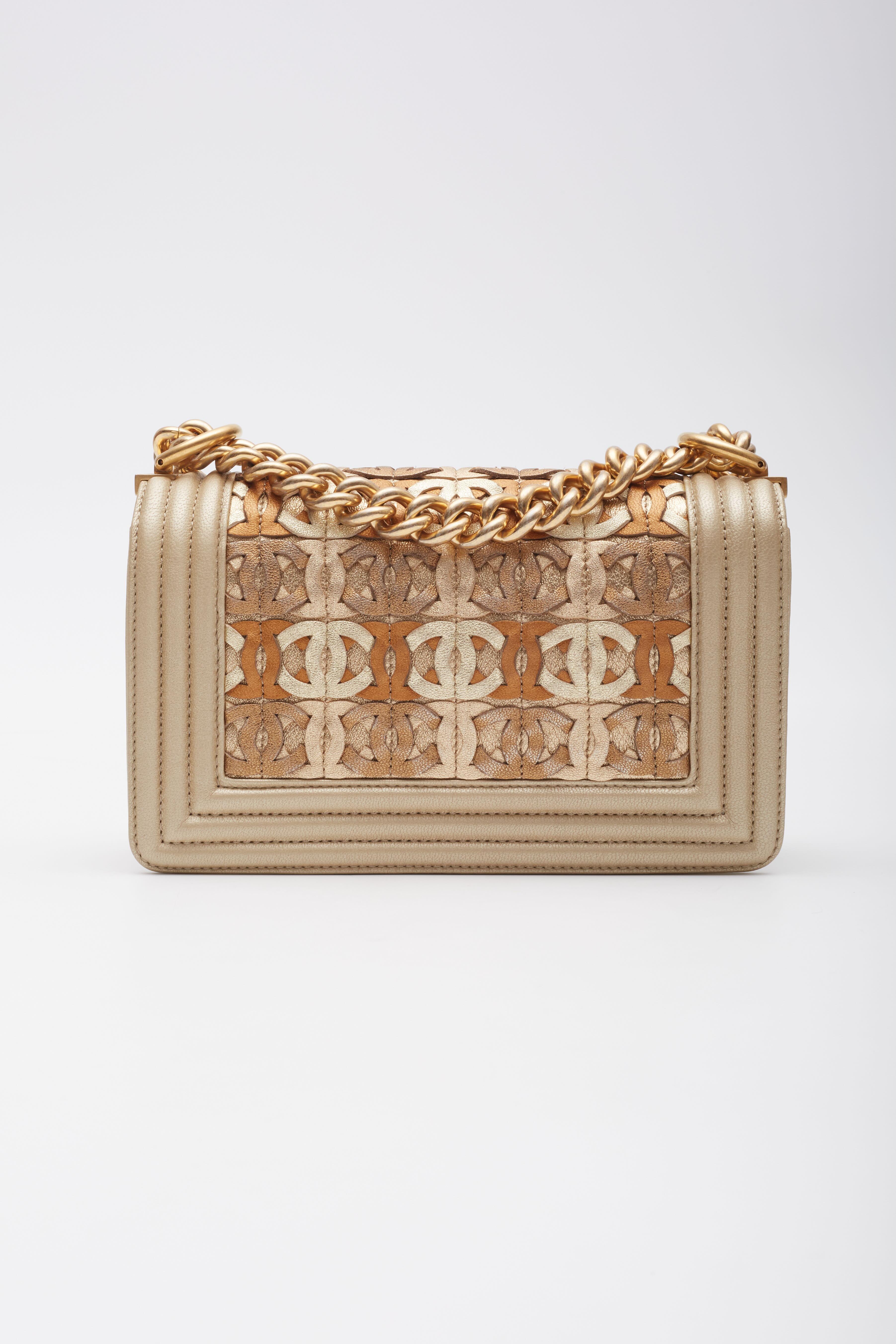 Chanel Metallic Gold Lambskin Small Golden CC Boy Flap Bag For Sale 2