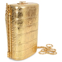 CHANEL metallic gold leather 19A NEW YORK CROC BOX MINAUDIERE Bag