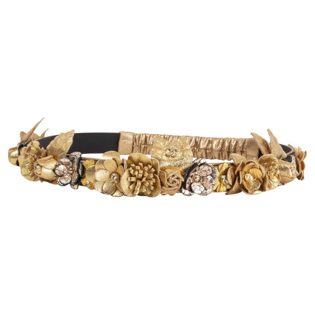 CHANEL metallic gold leather 2018 GREECE FLOWER EMBELLISHED Headband at  1stDibs