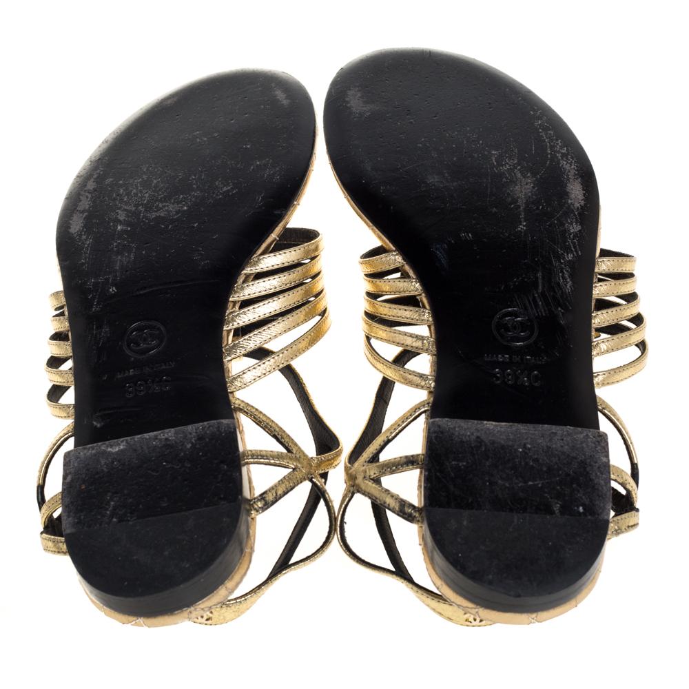 Chanel Metallic Gold Leather Ankle Strap Sandals Size 39.5 In Good Condition In Dubai, Al Qouz 2