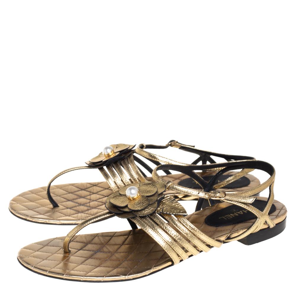 Chanel Metallic Gold Leather Ankle Strap Sandals Size 39.5 2