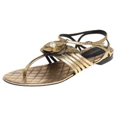 Chanel Metallic Gold Leather Ankle Strap Sandals Size 39.5