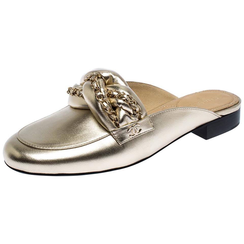 Chanel Metallic Gold Leather Braided Chain Mule Slides Size 41.5 at 1stDibs