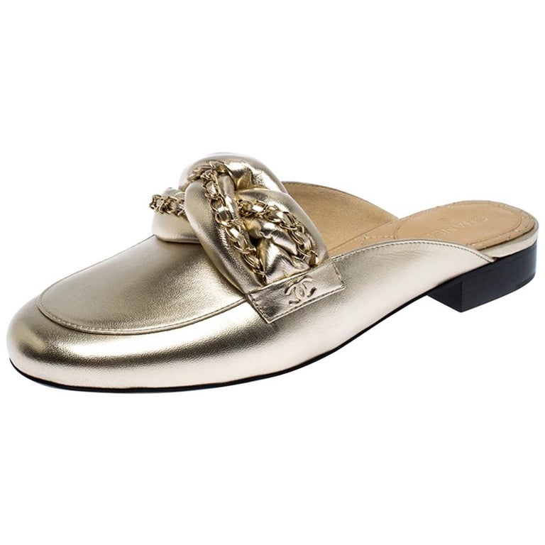 Chanel Metallic Gold Leather Braided Chain Mule Slides Size 41.5