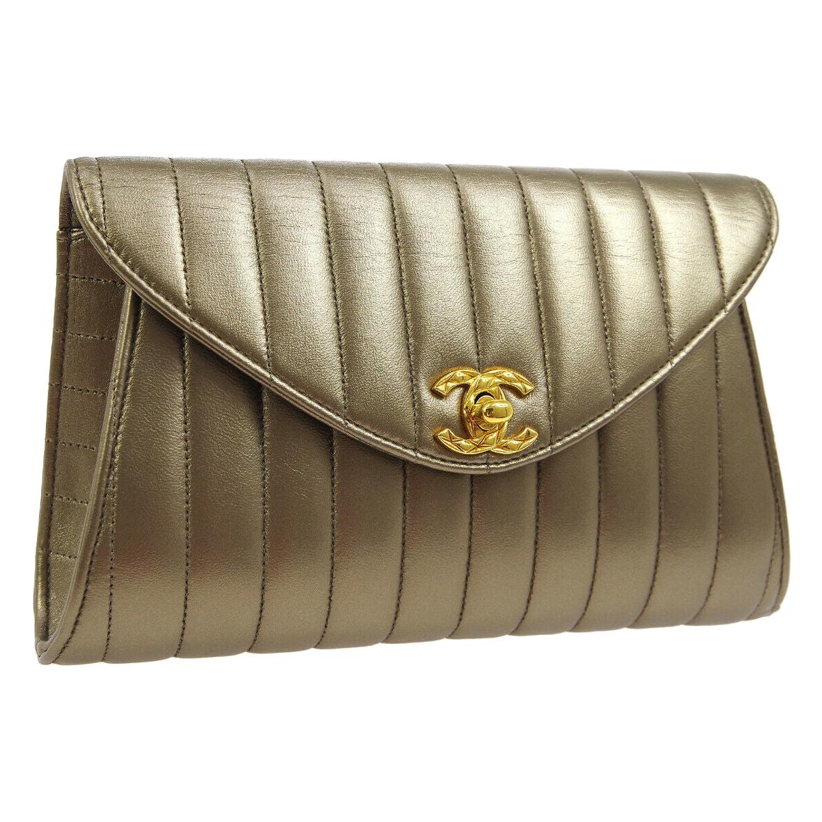 Chanel Metallic Gold Leather Bronze Envelope Evening Slip Hand Clutch Flap Bag 