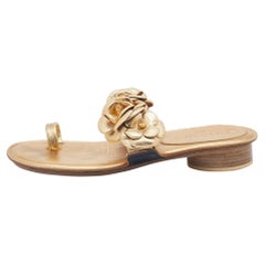 Chanel Metallic Gold Leather CC Camellia Slide Flat Sandals Size 36