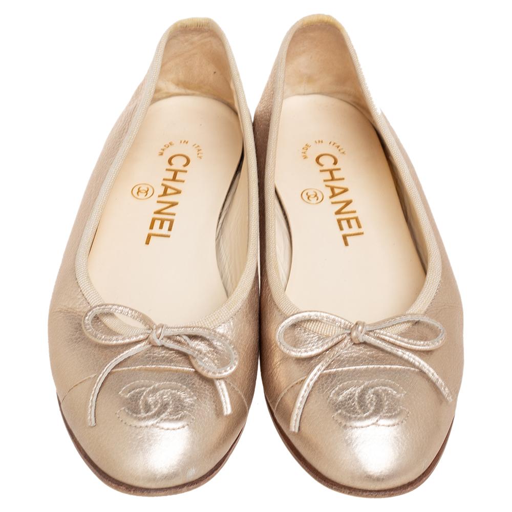 Chanel Metallic Gold Leather CC Cap Toe Bow Ballet Flats Size 35 1