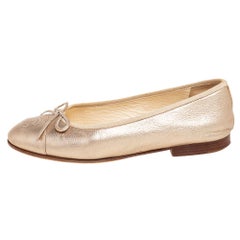 Chanel Metallic Gold Leather CC Cap Toe Bow Ballet Flats Size 35