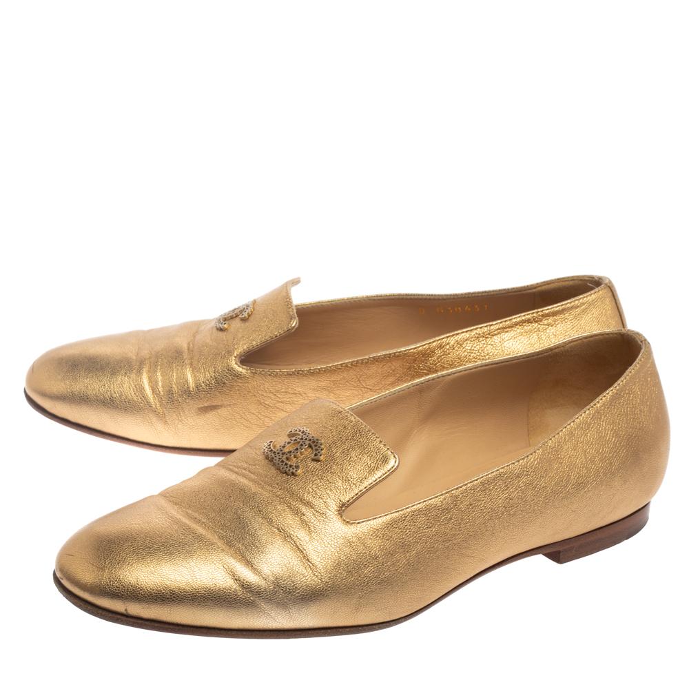 Women's Chanel Metallic Gold Leather CC Embellished Loafers Size 39
