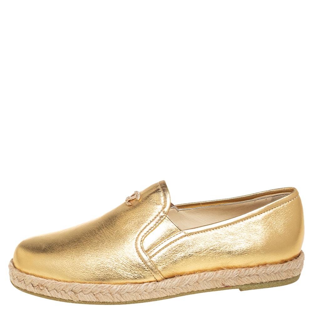 Chanel Metallic Gold Leather CC Espadrille Loafers Size 36 1