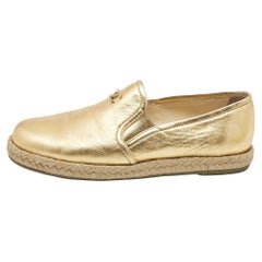 Chanel Metallic Gold Leather CC Slip On Espadrilles Flats Size 35.5