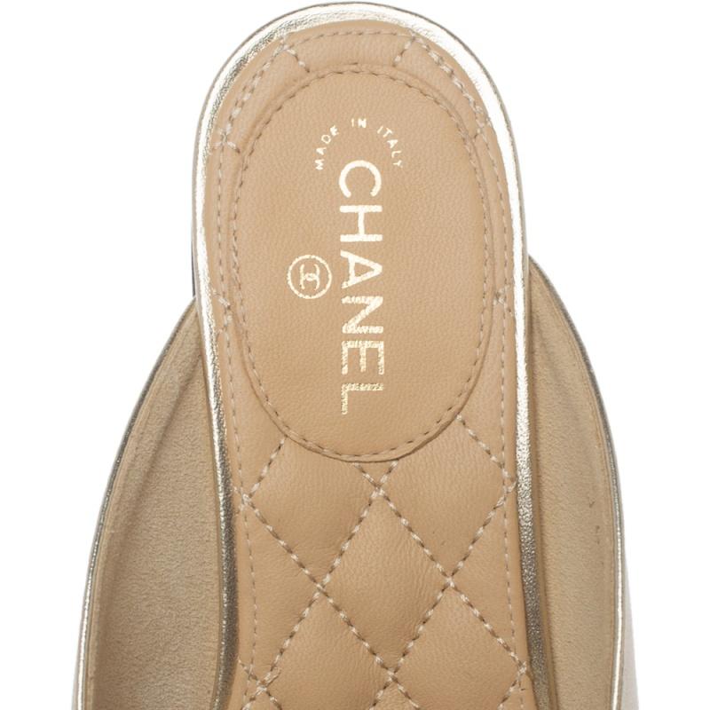 Chanel Metallic Gold Leather Chain Detail CC Flat Mules Size 37 2
