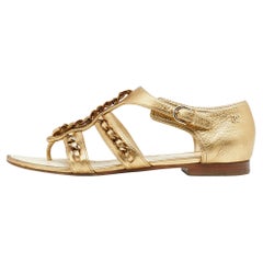 Chanel Metallic Gold Leather Chain Detail Strappy Flat Sandals Size 39.5