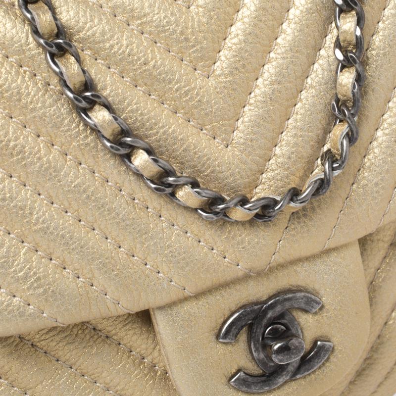 Chanel Metallic Gold Leather Chevron Coco Twin Bag 5