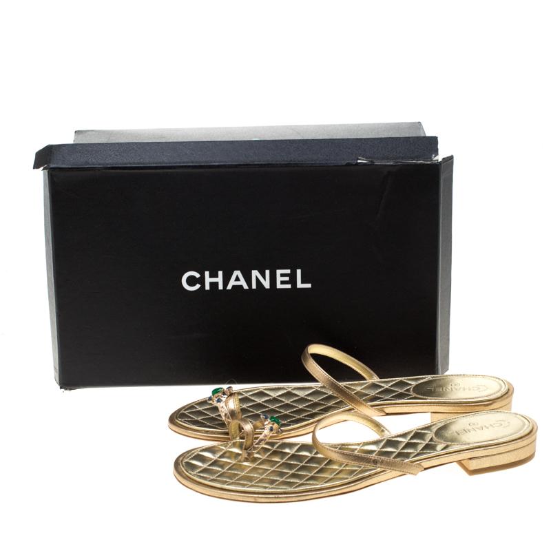 Chanel Metallic Gold Leather Enamel Embellished Toe Ring Flat Sandals Size 40 2