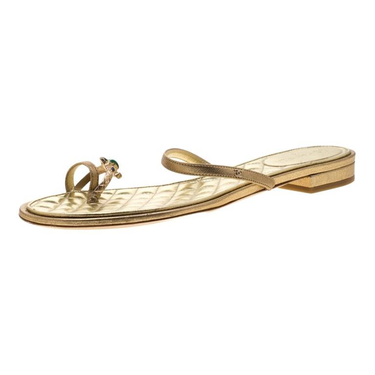 Chanel Metallic Gold Leather Enamel Embellished Toe Ring Flat Sandals Size  40