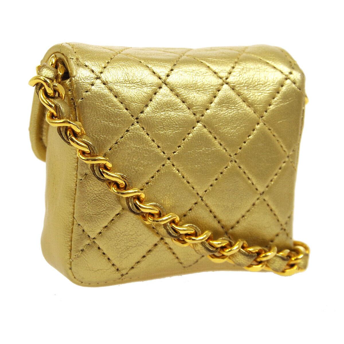 Brown Chanel Metallic Gold Leather Evening Micro Mini Shoulder Flap Bag 