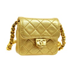 Vintage Chanel Metallic Gold Leather Evening Micro Mini Shoulder Flap Bag 