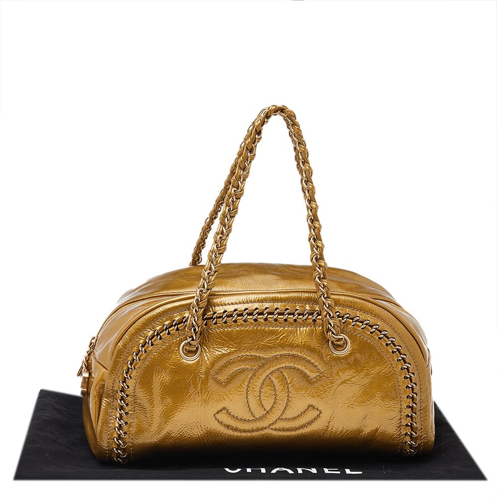 Chanel Metallic Gold Leather Medium Chain Trim Luxe Ligne Bowler Bag 7
