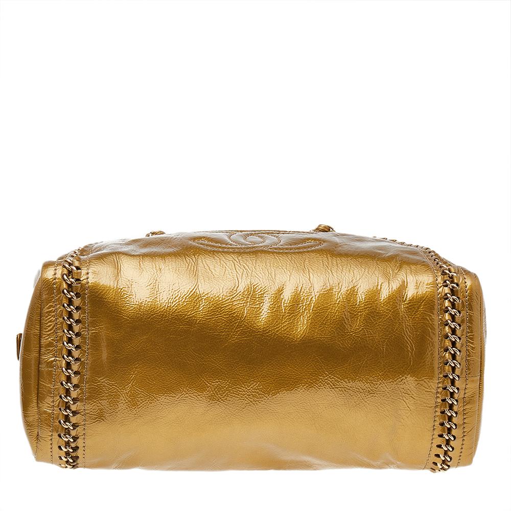 Women's Chanel Metallic Gold Leather Medium Chain Trim Luxe Ligne Bowler Bag