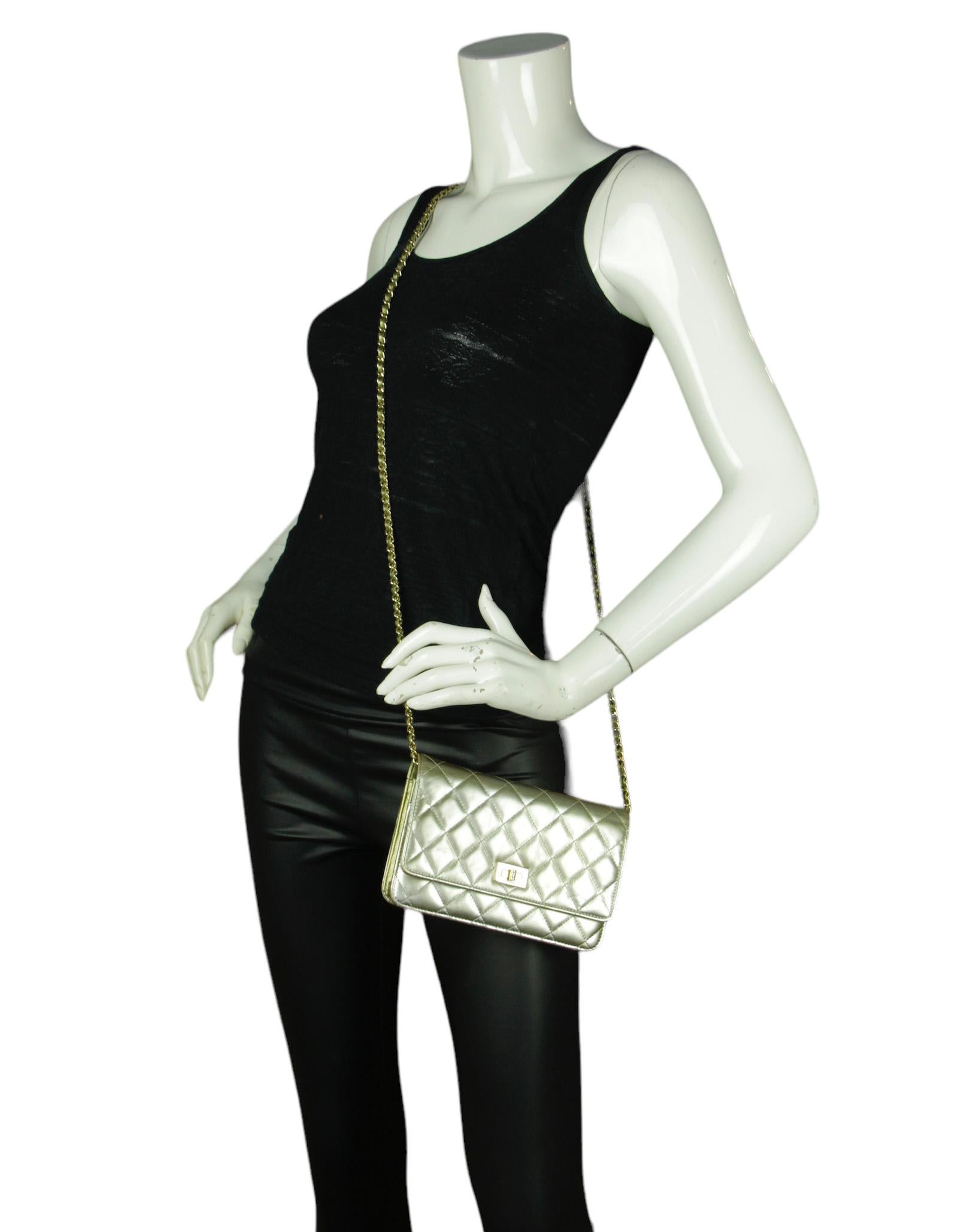 Gray Chanel Metallic Gold Leather Quilted Reissue Wallet On Chain WOC Crossbody Bag