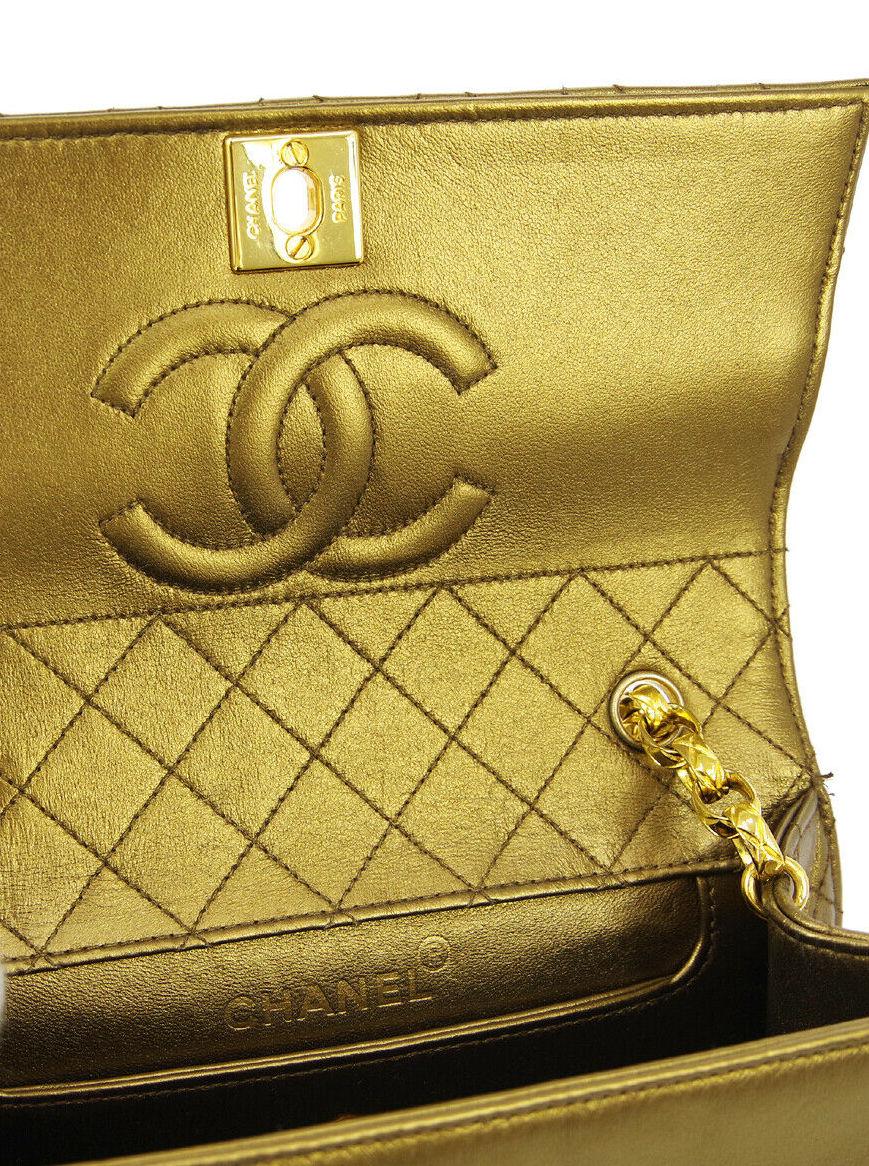 Brown Chanel Metallic Gold Leather Small Party Evening Kelly Box Shoulder Flap Bag 