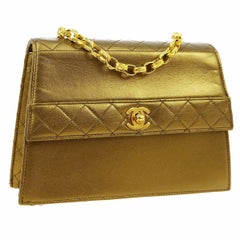 Chanel Metallic Gold Leather Small Party Evening Kelly Box Shoulder Flap Bag 