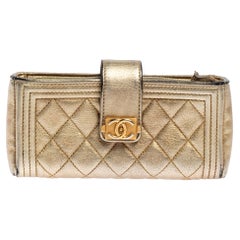 Chanel Metallic Gold Quilted Leather Boy Phone Pouch