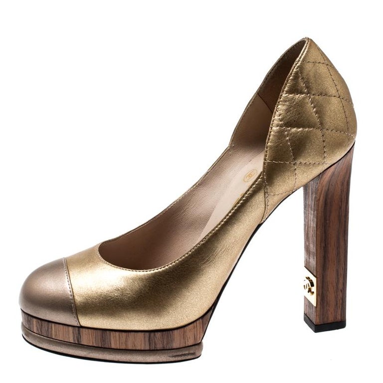 Chanel Metallic Gold Quilted Leather Cap Toe Platform Block Heel Pumps