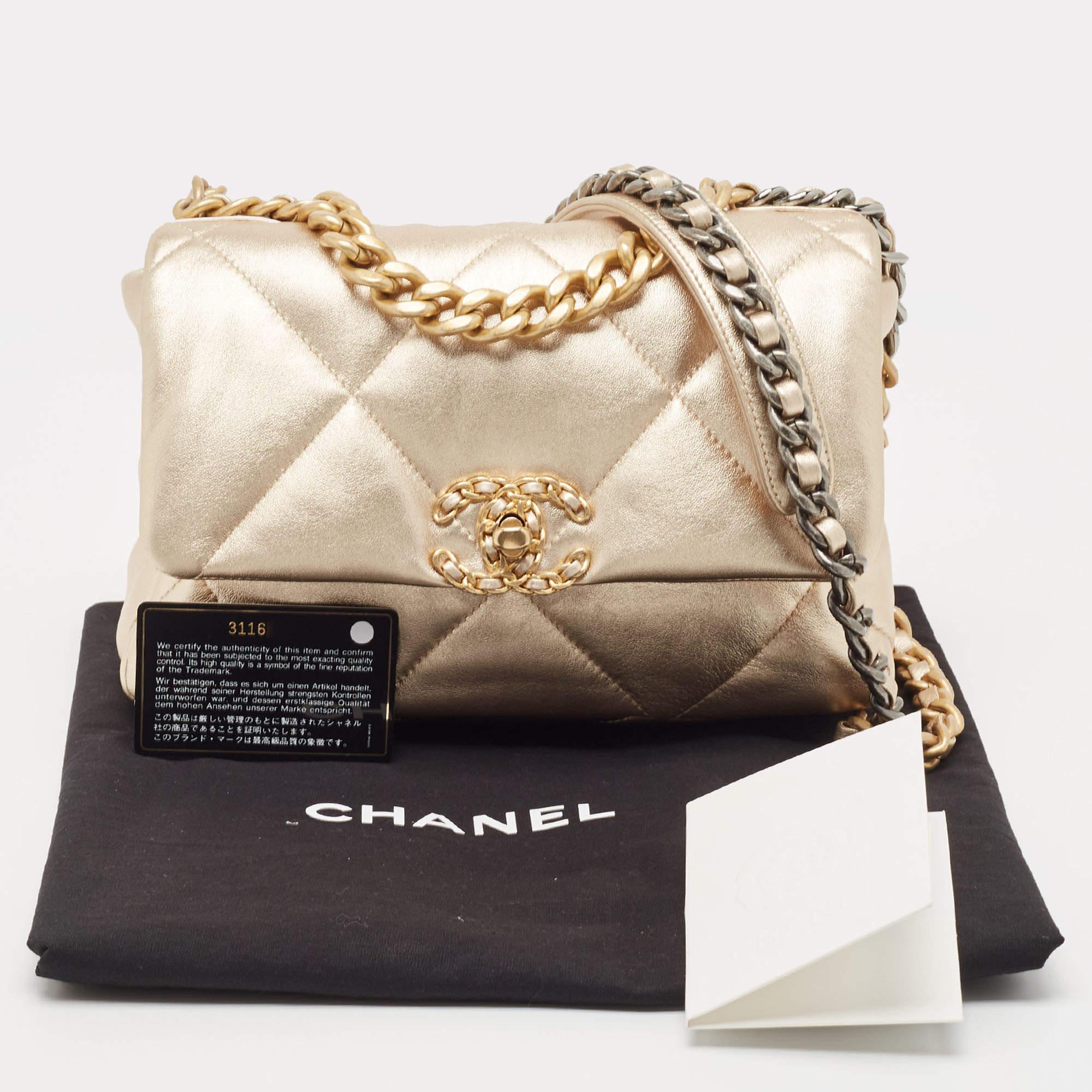 Chanel Metallic Gold Quilted Leather Small 19 Flap Bag 10