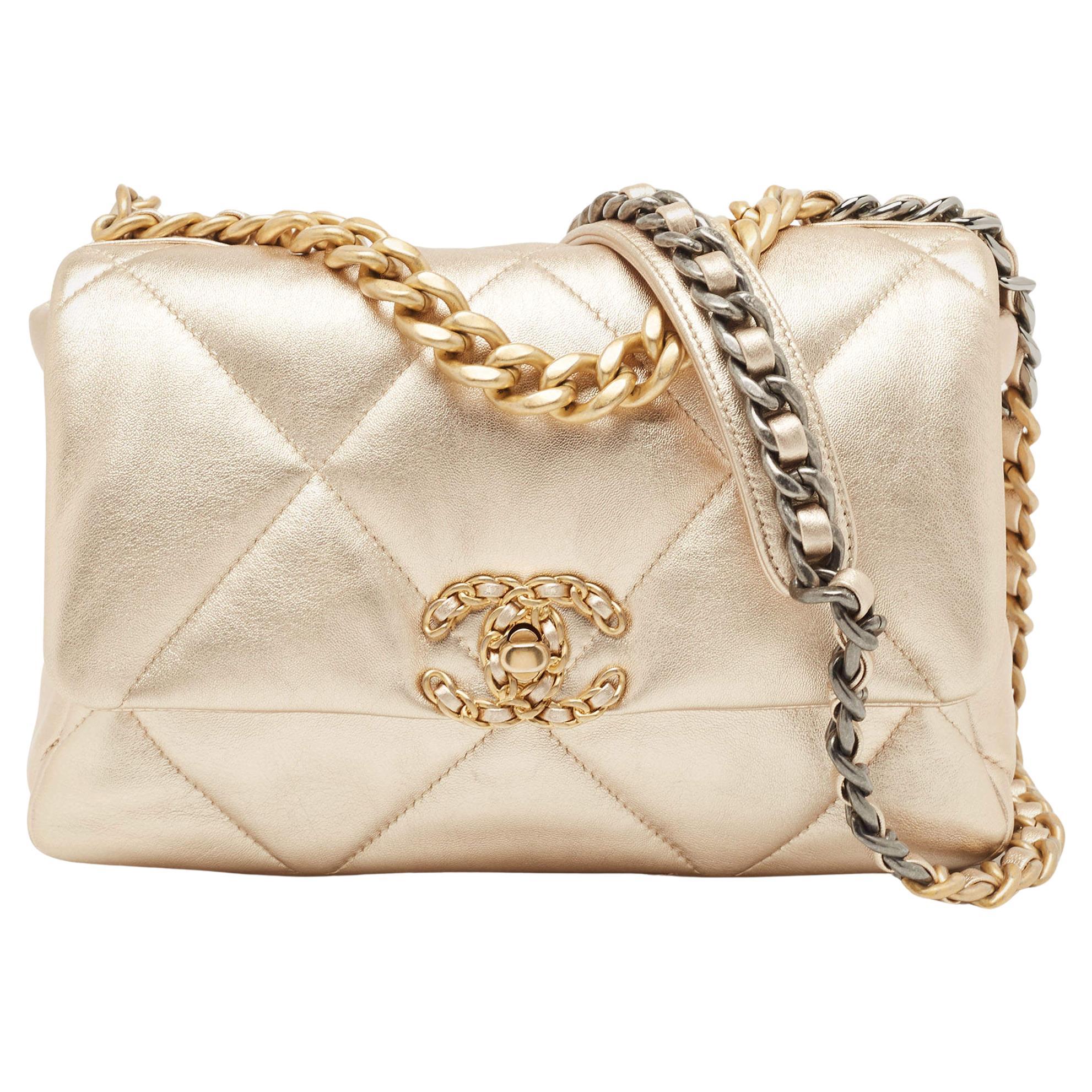 Chanel Metallic Gold Quilted Leather Small 19 Flap Bag