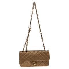 Chanel Metallic Gold Quilted Leather Zip Back Pocket Flap Bag